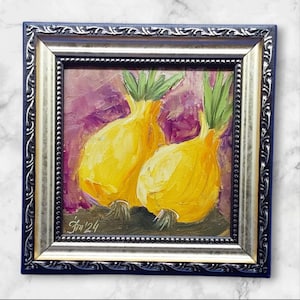Onions Original Painting Vegetables Semi-Abstract Art for Kitchen Decor Food Small Painting Wall Art Original Artwork by a Ukrainian artist