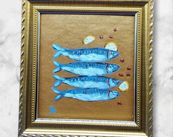 キッチンストーリーシリーズ No2 - イワシの絵画 4.8x4.3インチ オリジナルアクリルアート ゴールドフレーム すぐに飾れる キッチン壁飾り