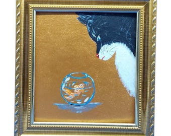 Funny Black Cat and Gold Fish Original Painting Gold Framed Mini Art Deco Pet Animals Original Artwork Small Wall Art 4.8x4.3