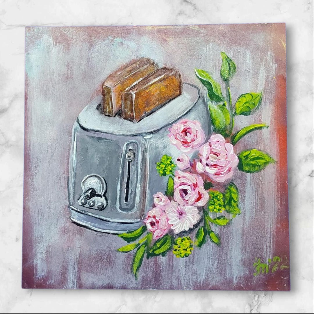 Kitchen Original Painting Toaster With Bread Pink Rose Wall Art Small ...