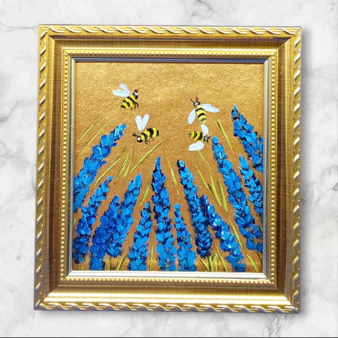 Bumblebee & Wildflowers Original Oil Painting Gold Framed Mini Art Deco ...