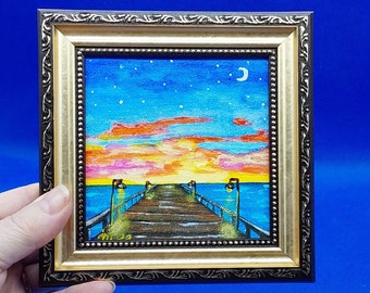 Summer Landscape Bright Sunset on the River Mini Painting Wooden Bridge Original Acrylic Work Small Wall Painting by Ukrainian Artist OOAK