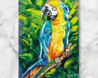 キャンバスに描かれたオウムの絵画 小鳥の油絵 オリジナルのオウムの壁