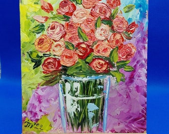 Rose che dipingono fiori 3D in un vaso d'arte Bouquet che dipinge i fiori del giardino estivo Impasto Opere d'arte originali dell'artista ucraino