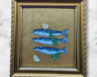 キッチンストーリーシリーズ No.4 - イワシの絵画 4.8x4.3インチ オリジナルアクリルアート ゴールドフレーム すぐに飾れる キッチン壁飾り