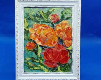 Red Roses Flowers Original Oil Painting Impasto Bouquet Art Summer Flowers Painting Garden Flowers Original Artwork ooak by Ukrainian Artist