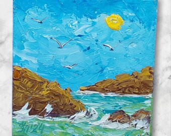 Seascape Oil Painting: Seagulls, Mountains, Beach Wall Art (4x4 in)