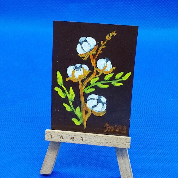 ACEO White Cotton Mini-painting Cotton branch ACEO Flowers Original postcard Romance Small painting Original artwork of Ukrainian artist