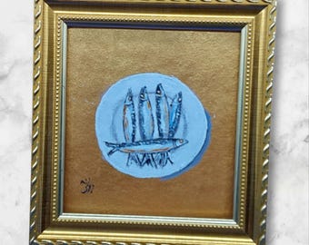 キッチンストーリーシリーズ No6 - イワシの絵画 4.8x4.3インチ オリジナルアクリルアート ゴールドフレーム すぐに飾れる キッチン壁飾り
