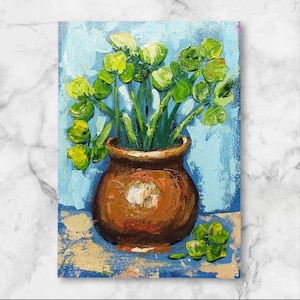 Wildflowers 3D Original Painting Pot Leprechaun Wall Art Clover Four-leafed Gift for Her Painting Original Artwork by Ukrainian Artist OOAK