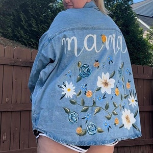 Custom Hand-Painted Mama Jean Jacket – Customize and Personalize with Your Kids&#39; Birth Flowers on Denim