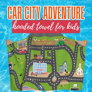 Toalla con capucha para niños: diseño de mapa de la ciudad, toalla de playa interactiva, juego de simulación con mapa de la ciudad, toalla de baño de felpa para niños pequeños.