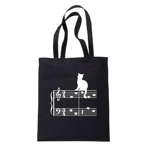 Cat on a Music Staff Tote Bag, Gift Bag, Music and Cat Themed Gift, Gift for Women, Party Gift, Musician, Cat, Music Tote Bag