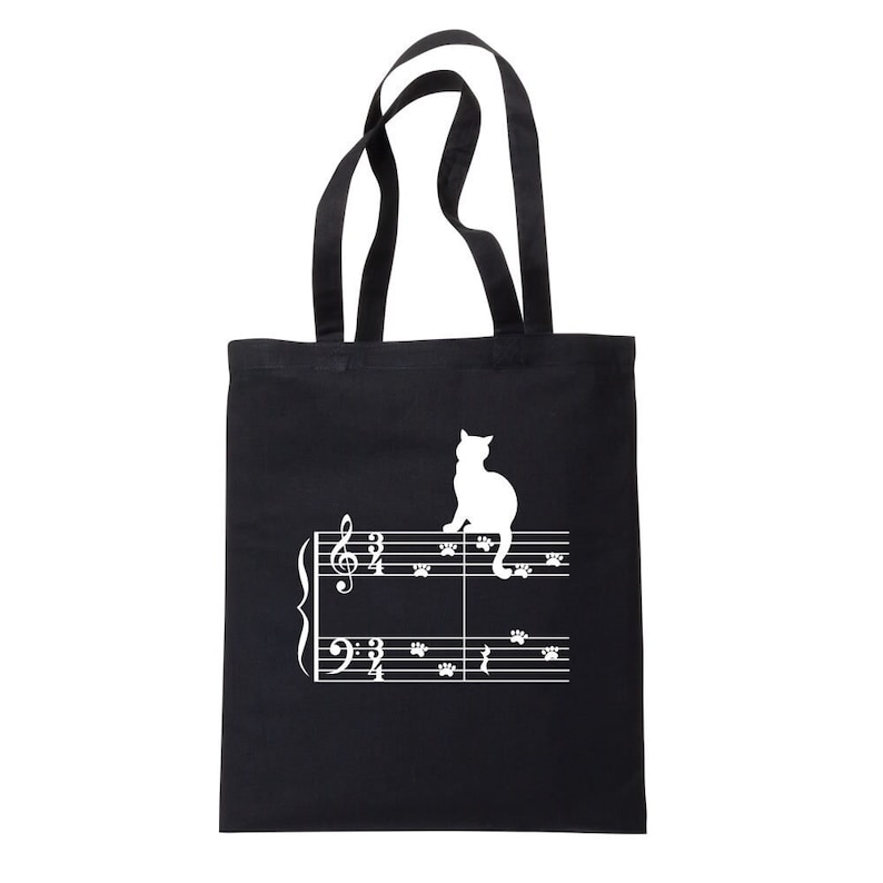 Cat on a Music Staff Tote Bag, Gift Bag, Music and Cat Themed Gift, Gift for Women, Party Gift, Musician, Cat, Music Tote Bag image 1