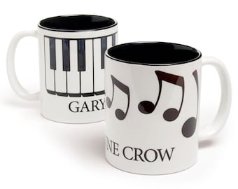 Personalized Black & White Music Design Mug, Keyboard or Music Notes