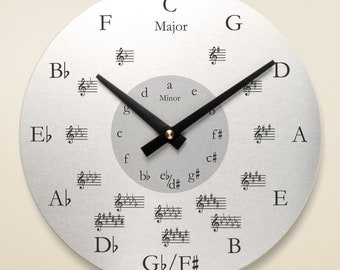 Brushed Aluminum Round Music Wall Clock, Music Symbols Clock, Gift for Musician, Gift for Music Teacher, Music Gift, Metal, Music Decoration