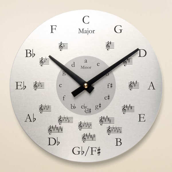 Brushed Aluminum Round Music Wall Clock, Music Symbols Clock, Gift for Musician, Gift for Music Teacher, Music Gift, Metal, Music Decoration