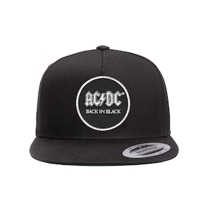 May include: Black and white AC/DC logo on a black snap back hat with the words "Back in Black" underneath the logo.