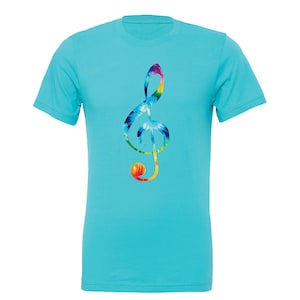 May include: A turquoise blue t-shirt with a tie-dye treble clef graphic.