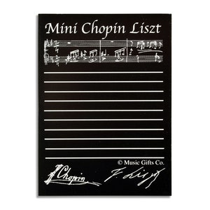 Può includere: Blocco note nero con righe bianche e una partitura musicale in alto. Il blocco note ha il testo "Mini Chopin Liszt" in alto e le firme di Chopin e Liszt in basso. Il testo "© Music Gifts Co." è anche in basso.