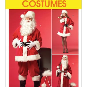 May include: McCall's Costumes pattern featuring Santa Claus outfits. The image shows three different Santa Claus costume variations, each with a red coat, pants, and hat trimmed with white faux fur. The costumes include black belts, boots, and white gloves.