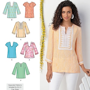 May include: Simplicity pattern 1461 features tunic tops with various sleeve lengths and necklines. The image shows a woman wearing a yellow and white striped tunic with white lace trim. The pattern includes separate patterns for B, C, and D cup sizes.