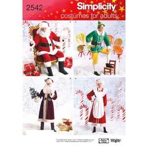 May include: Simplicity pattern 2542 for adult costumes. The image shows four different Christmas costume designs: Santa Claus, an elf, and Mrs. Claus. The costumes are red, green, and white. The text "costumes for adults" is visible.