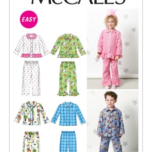 May include: McCall's sewing pattern for children's pajamas. The image shows several pajama sets in various colors and patterns, including floral, animal, and plaid designs. The patterns include long-sleeved tops and pants with ruffle details.
