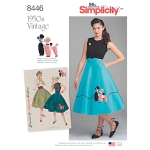 May include: Simplicity pattern 8446, a vintage 1950s design. The image shows a woman wearing a black top and a turquoise skirt with a poodle applique. The pattern includes instructions for the applique. The Simplicity logo is visible.