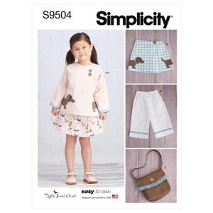 May include: Simplicity sewing pattern S9504 for children's clothing. The image shows a young girl wearing a pink and white gingham top and skirt with dog appliqués. Additional views include a skirt, pants, and a purse. The pattern is easy-to-sew.