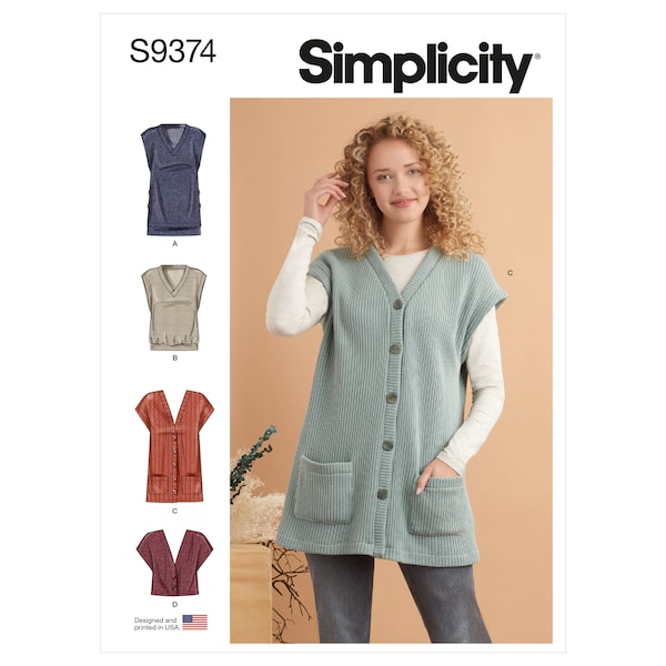 Simplicity S9374 Misses' Knit Vests Sewing Pattern - Size XxS-XS-S-M-L-XL-XXL