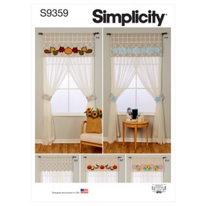May include: Simplicity pattern S9359 features window valances with seasonal designs. The image shows valances with fall leaves and pumpkins, and snowflakes. The valances are displayed with sheer curtains and decorative tiebacks.