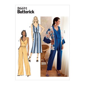 May include: A sewing pattern featuring three jumpsuit designs. One is a yellow floral print, another has blue and white stripes, and the third is solid blue with a floral kimono. The pattern is labeled "B6691 Butterick."