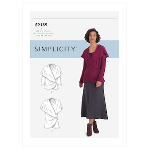 May include: A woman models a magenta wrap sweater and gray skirt. The image includes a pattern illustration with the text "S9189" and "SIMPLICITY". The pattern sizes are listed as XS-XXL in US sizes.