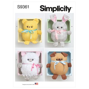 May include: Simplicity pattern S9361 featuring four stuffed animal designs: a yellow bear, a gray and white bunny, a white mouse, and a brown dog. Each plush toy is displayed in a wooden crate and tied with a ribbon. The pattern is designed and printed in the USA.