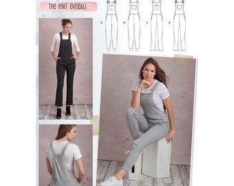 May include: Simplicity pattern S8855 for knit overalls. The image shows a woman wearing gray knit overalls and a white t-shirt. The pattern includes different overall styles. The text "The Knit Overall" is visible.