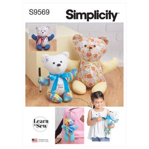May include: Simplicity sewing pattern S9569 features teddy bear designs. The image shows a white bear with a blue ribbon and a colorful tie-dye pattern, a floral bear, and a small bear attached to a backpack. The text "Learn to Sew" is also visible.