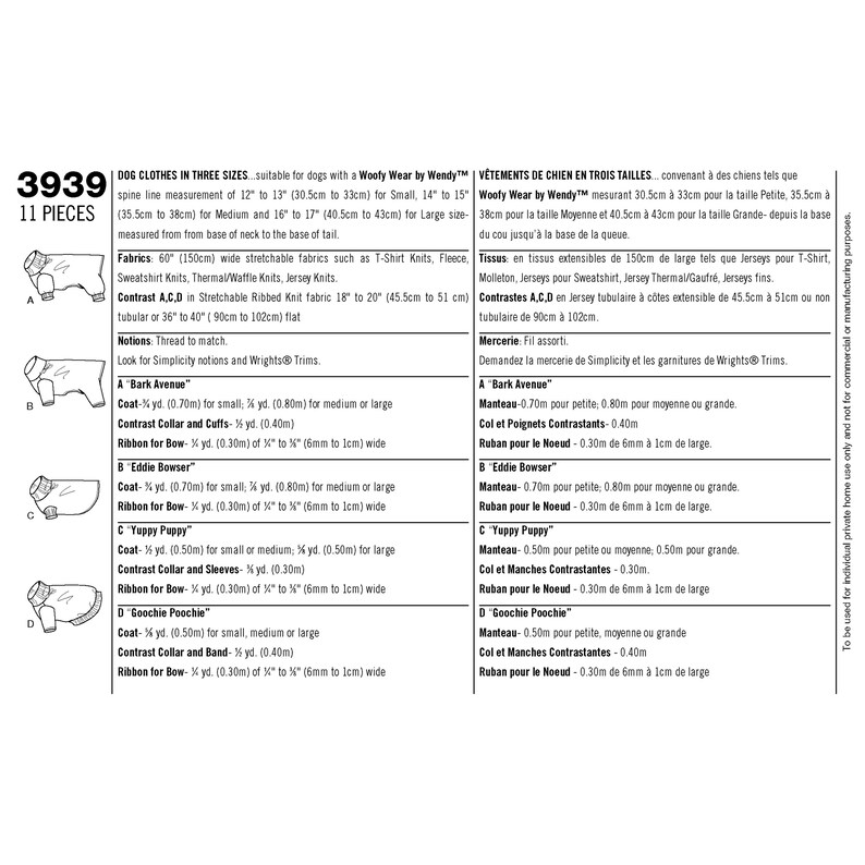 Simplicity 3939 Dog Clothes Sewing Pattern Dog Size S M Etsy