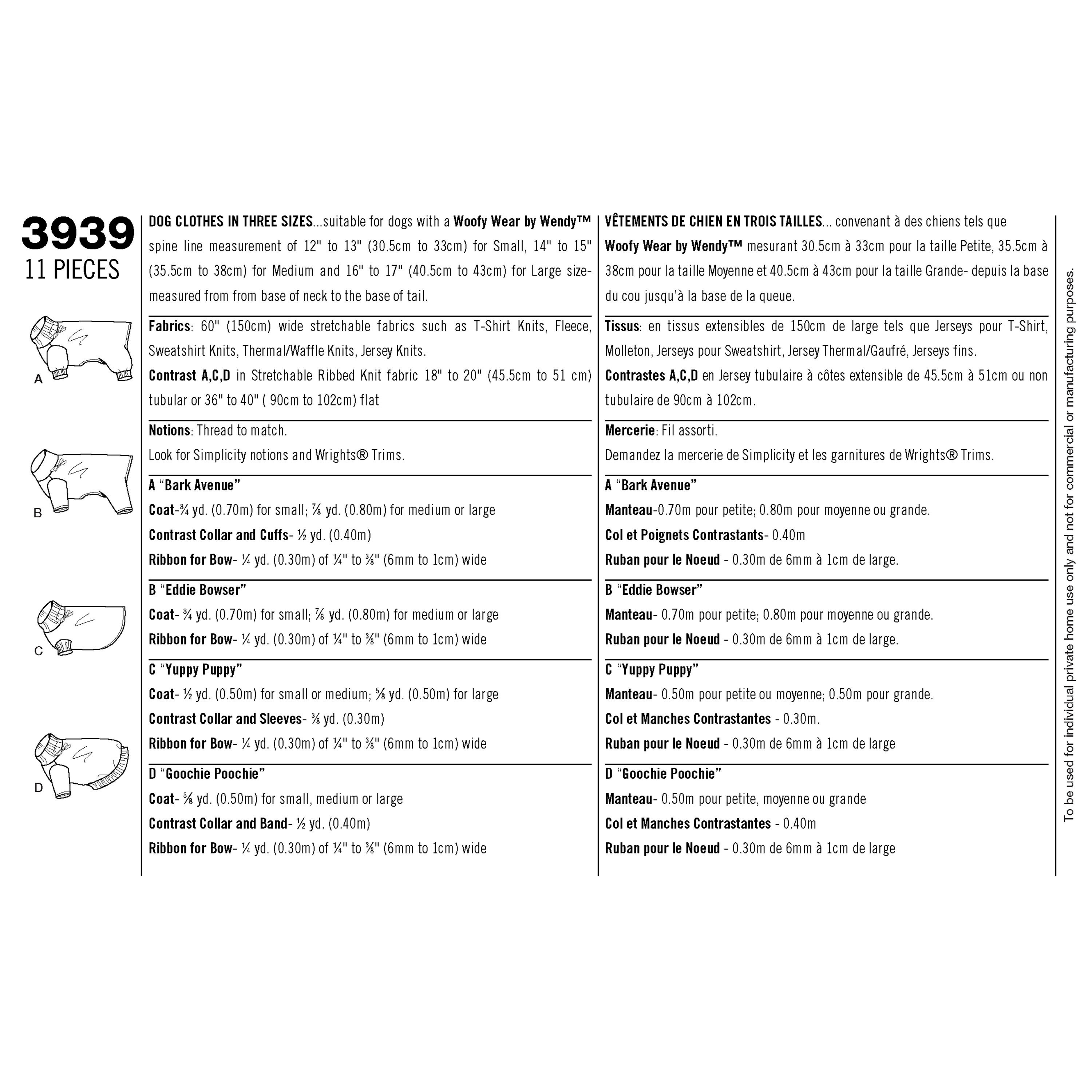 Simplicity 3939 Dog Clothes Sewing Pattern Dog Size S M Etsy