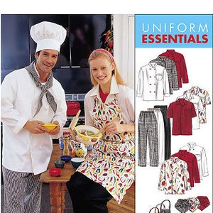 May include: McCall's pattern for uniform essentials. The image shows a chef and a woman wearing aprons. The pattern includes chef coats, pants, aprons, and hats. The aprons have a colorful vegetable pattern.