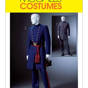 May include: McCall's Costumes pattern featuring a blue military-style uniform with gold buttons, a red sash, and matching pants. The image includes a smaller inset of a similar suit. The text "McCall's Costumes" is at the top.