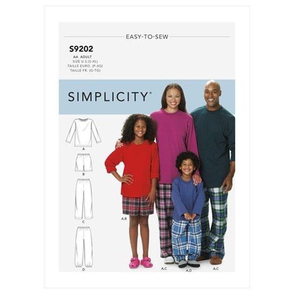 Simplicity 9202 Unisex Child’s/Adults' Knit Loungewear, Top, Shorts and Pants Sewing Pattern - Size S-XL