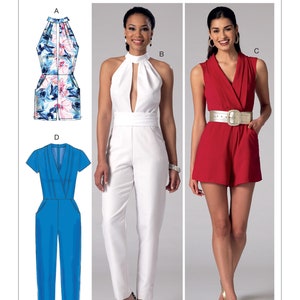 May include: McCall's sewing pattern M7366 featuring four jumpsuit and romper designs. The designs include a floral print romper, a white jumpsuit with a keyhole neckline, a red romper with a wrap-style top, and a blue jumpsuit.