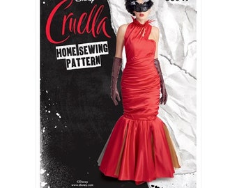 May include: A red satin dress with a mermaid silhouette, featuring a high neckline and a keyhole detail. The image also includes a black and white wig, a mask, and long gloves. The text on the image reads "Disney Cruella Home Sewing Pattern".