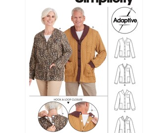 May include: Simplicity sewing pattern S9488 featuring adaptive jackets. The pattern includes various jacket styles with hook and loop closures. The image shows a woman in a leopard print jacket and a man in a cable-knit cardigan.