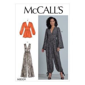 May include: McCall's sewing pattern featuring a woman in a black and white polka dot jumpsuit with long sleeves and a V-neck. The pattern also includes illustrations of an orange top and a patterned jumpsuit. The pattern number is M8009.