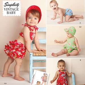 Simplicity 1600 Sewing Pattern Vintage Baby Romper, Bikini, Panties, Bonnet in Three Sizes S (17"), M (18"), L (19")- XXS- XS- Sml- Med- Lrg
