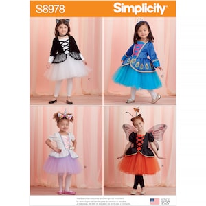 May include: Simplicity S8978 sewing pattern featuring four children's costume designs. Costumes include a butterfly, cat, unicorn, and peacock. Each costume has a tutu skirt and coordinating accessories. The pattern is for children's sizes.