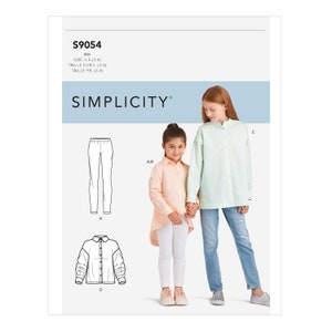 May include: Simplicity sewing pattern S9054. The pattern includes diagrams of a shirt and pants. Two young girls are holding hands, one wearing a light peach shirt and white pants, the other wearing a light green shirt and blue jeans.