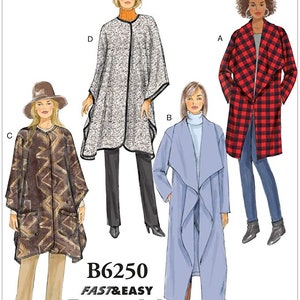 May include: A pattern sheet featuring four different coat designs. The coats include a red and black plaid coat, a light blue coat, a speckled coat, and a brown patterned coat. The pattern is labeled "B6250 FAST & EASY Butterick."